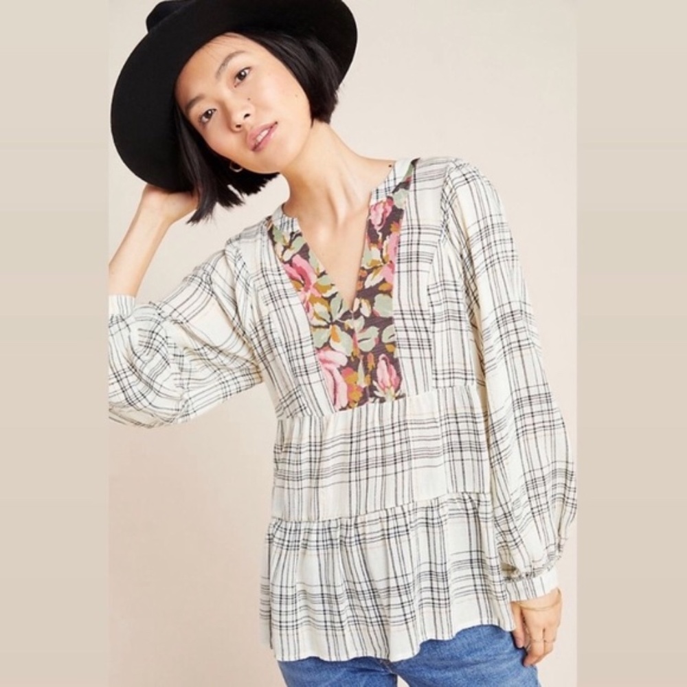 Anthropologie Darlene Plaid Peasant Blouse White